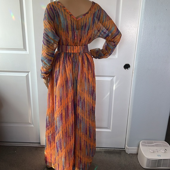 Vtg 60s 70s fabulous watercolor sheer overlay orange purple dress S - Picture 12 of 12